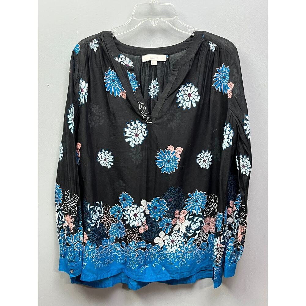 LOFT ladies medium semi sheer‎ floral long sleeve Black/Blue